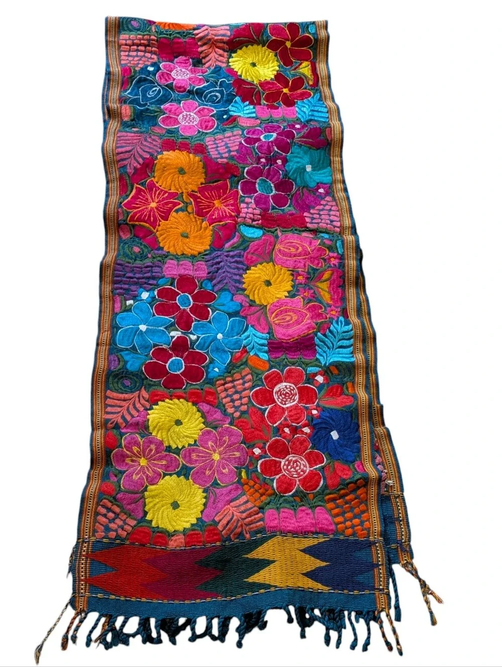 Guatamalen Huipil Floral Embroidered Table Runner Colorful Eclectic Decor Boho